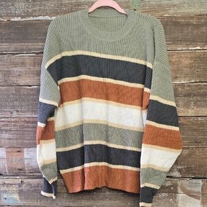 Sage Multi Striped Crewneck Knit Sweater Cozy Fall Neutral Sweater XXL